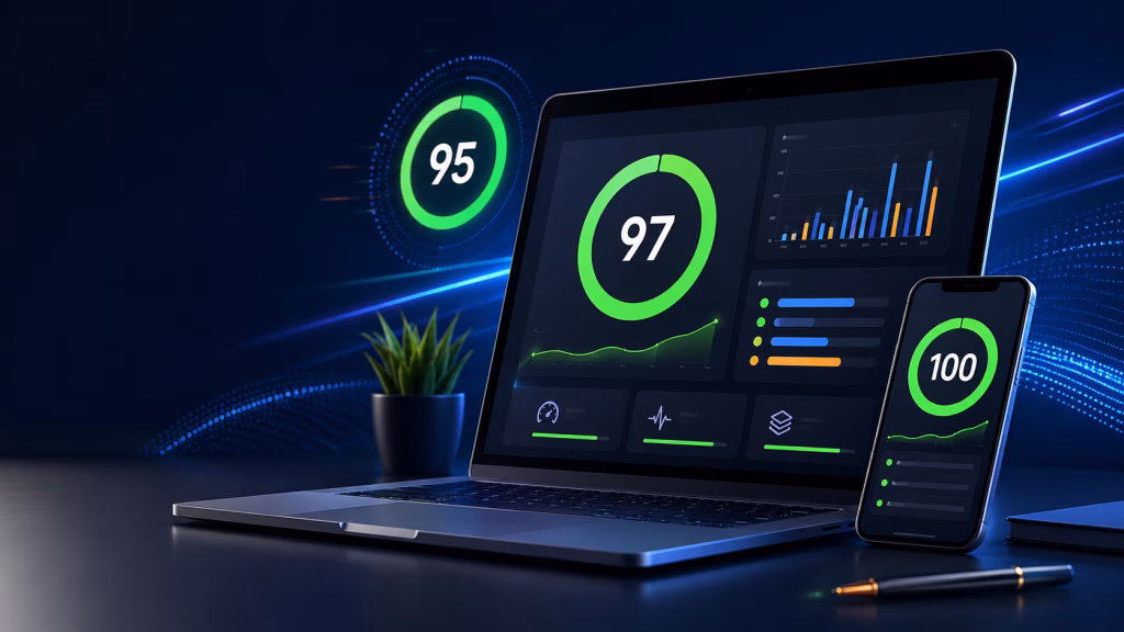 Web performance dashboard with high PageSpeed scores for a WordPress site Fast WordPress site optimized PageSpeed Swiss Web Studio and SEO optimized