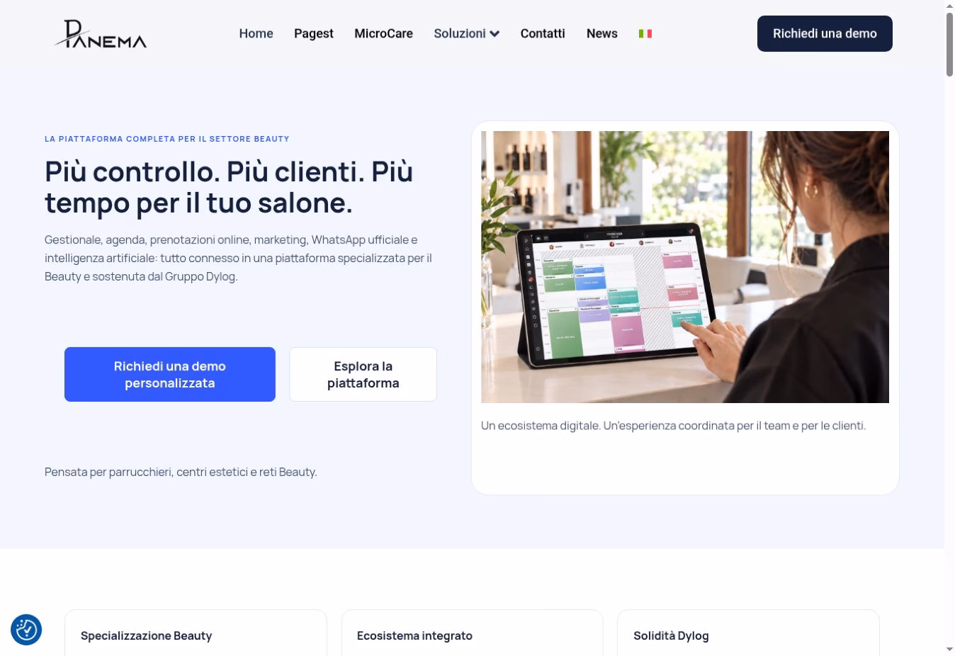 Homepage Panema 2026: piattaforma Beauty Tech, gestionale Pagest e richiesta demo